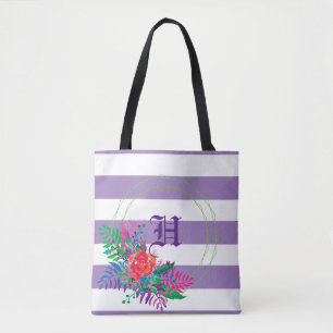 purple striped floral personalised tote bag