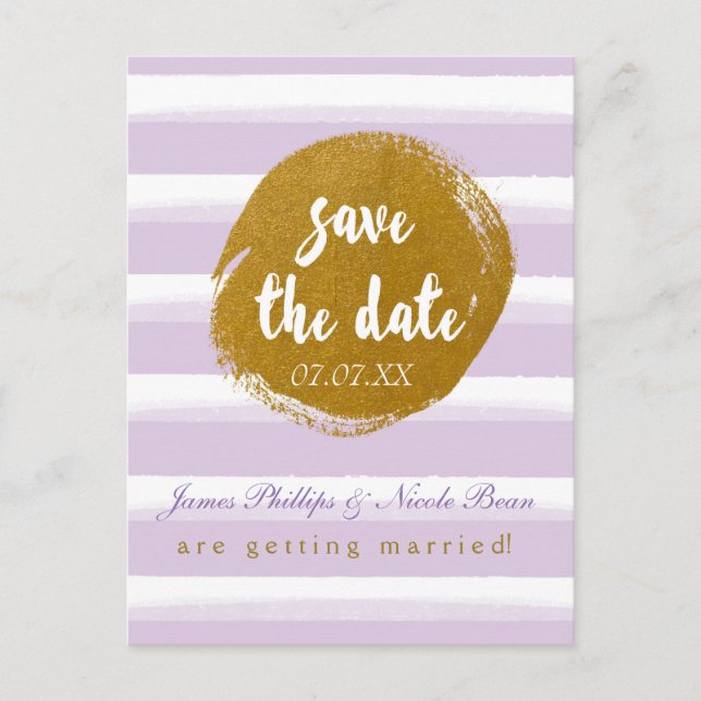 Purple Striped & Gold Foil Save The Date Postcard (Front)