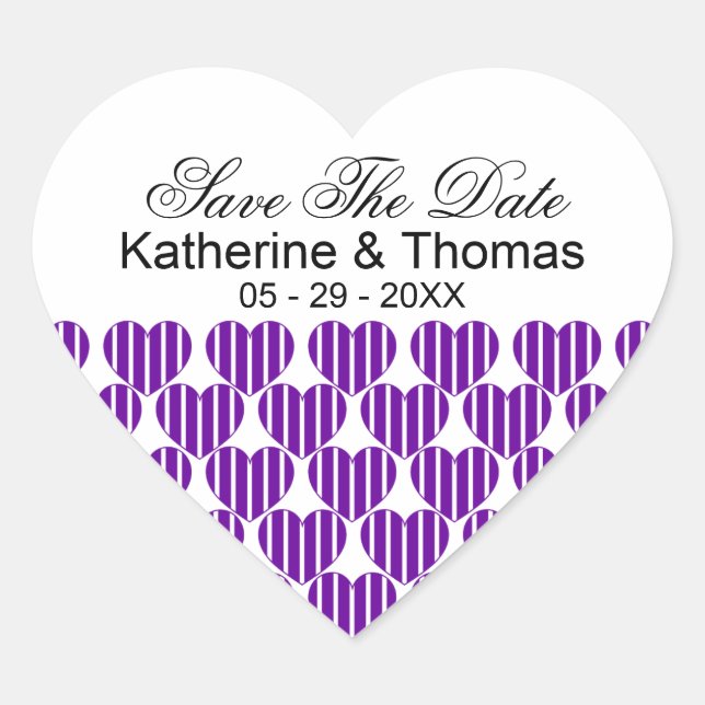 Purple Striped Hearts Save The Date Stickers (Front)