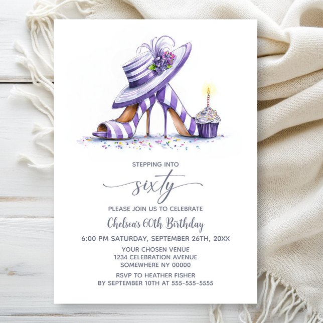 Purple Striped High Heel Shoes 60th Birthday Party Invitation (Creator Uploaded)