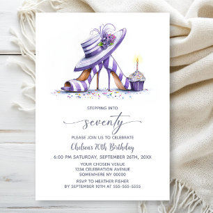 Purple Striped High Heel Shoes 70th Birthday Party Invitation