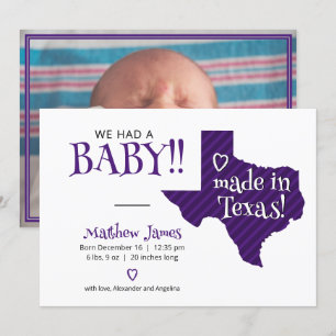 Purple Striped Made in Texas Photo Baby Announcement