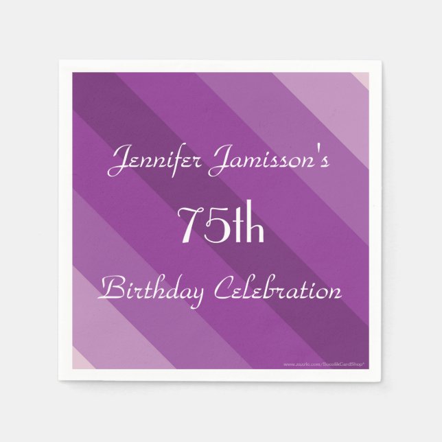 Purple Striped Paper Napkins, 75th Birthday Party Napkin (Front)