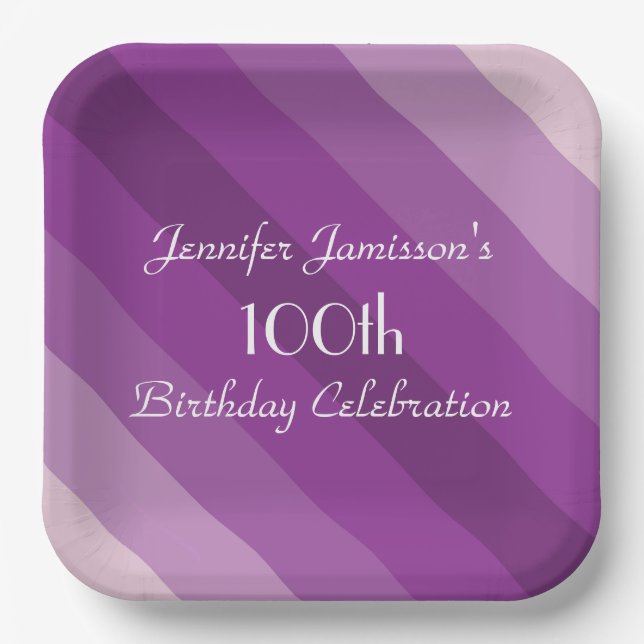 Purple Striped Paper Plates, 100th Birthday Party Paper Plate (Front)