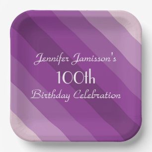 Purple Striped Paper Plates, 100th Birthday Party Plate