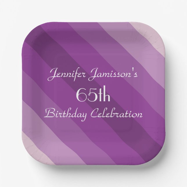 Purple Striped Paper Plates, 65th Birthday Party Paper Plate (Front)