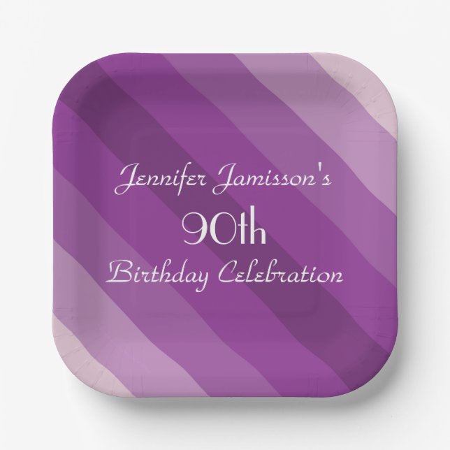Purple Striped Paper Plates, 90th Birthday Party Paper Plate (Front)