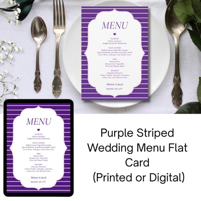 Purple Striped Wedding Menu Flat Card (Creator Uploaded)
