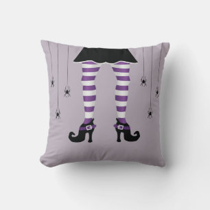 Purple Striped Witch Legs And Spiders Halloween Cushion