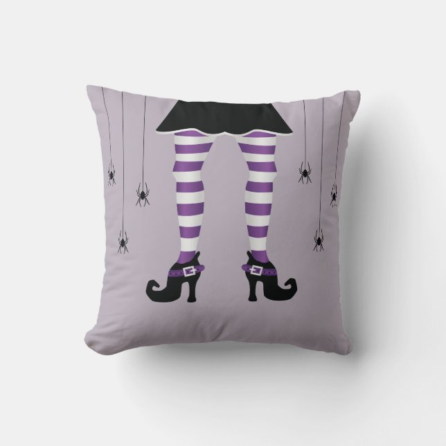Purple Striped Witch Legs And Spiders Halloween Cushion (Front)