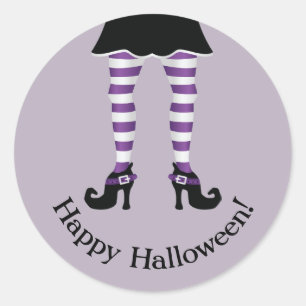 Purple Striped Witch Legs Happy Halloween Text Classic Round Sticker