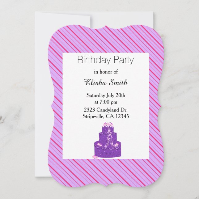 Purple Stripes and Birthday Cake Invitation (Front)