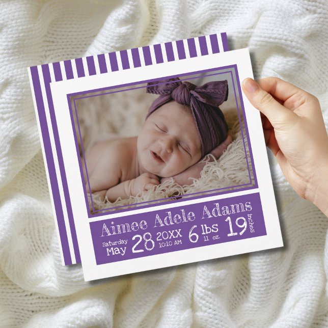 Purple Stripes Baby Photo  Birth Stats Announcement (Creator Uploaded)