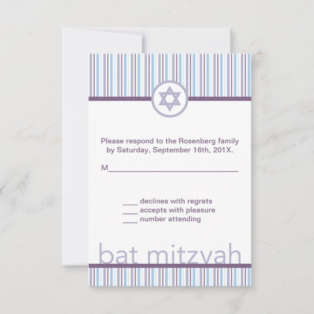 Purple Stripes Bat Mitzvah RSVP Reply Card (Front)