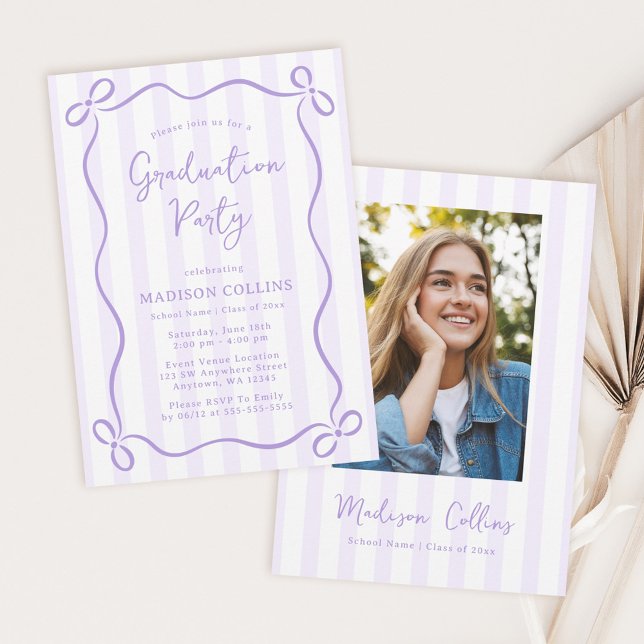 Purple Stripes Bow Frame Graduation Party Photo Invitation (Creator Uploaded)