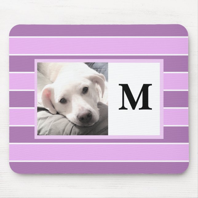 Purple Stripes Custom Initial One Photo Cute Dog Mouse Pad (Front)