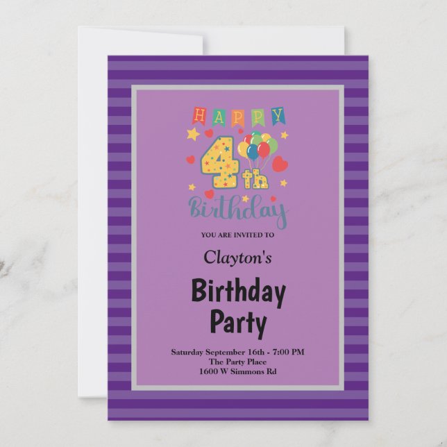 Purple Stripes Framed 4th Birthday Party Invitation (Front)