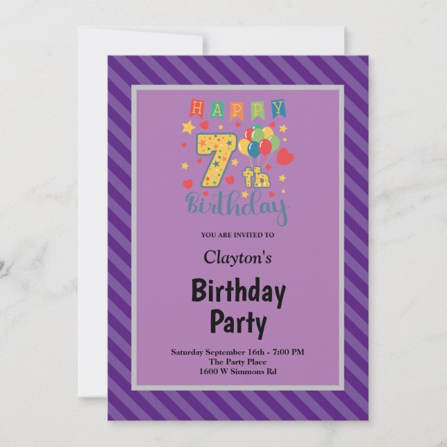 Purple Stripes Framed 7th Birthday Party Invitation (Front)