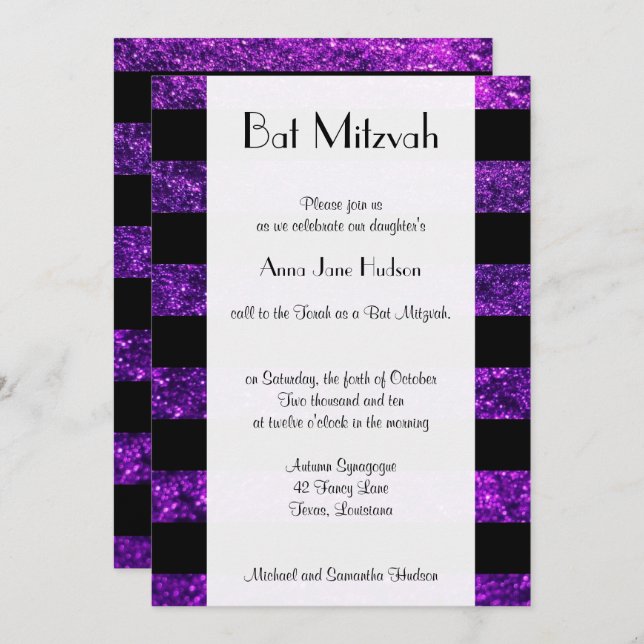 Purple Stripes, Glitter Stripes, Bat Mitzvah Invitation (Front/Back)