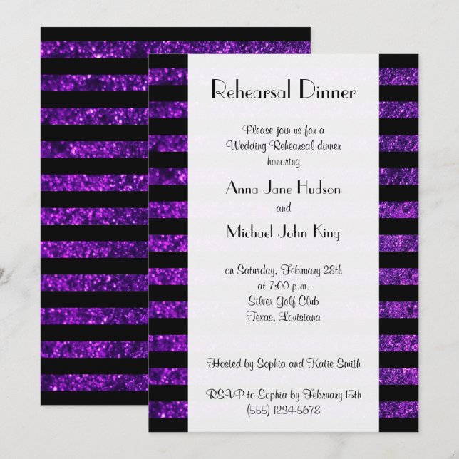 Purple Stripes, Glitter Stripes, Rehearsal Dinner Invitation (Front/Back)