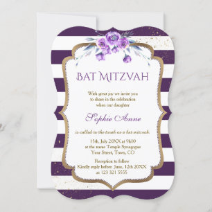 Purple Stripes Gold Floral First Holy Communion Invitation
