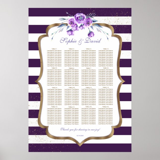 Purple Stripes Gold Violet Eustoma Seating Chart (Front)