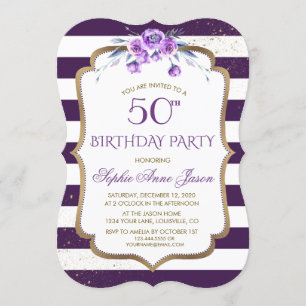 Purple Stripes Gold Violet Floral 50th Birthday Invitation