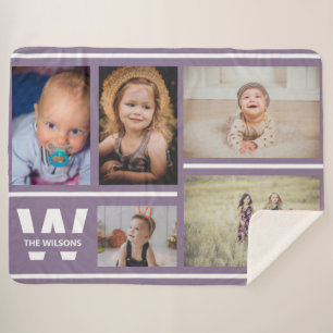 Purple Stripes Multiple Photos Custom Monogram Sherpa Blanket