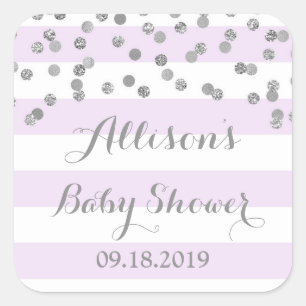 Purple Stripes Silver Confetti Baby Shower Favour Square Sticker