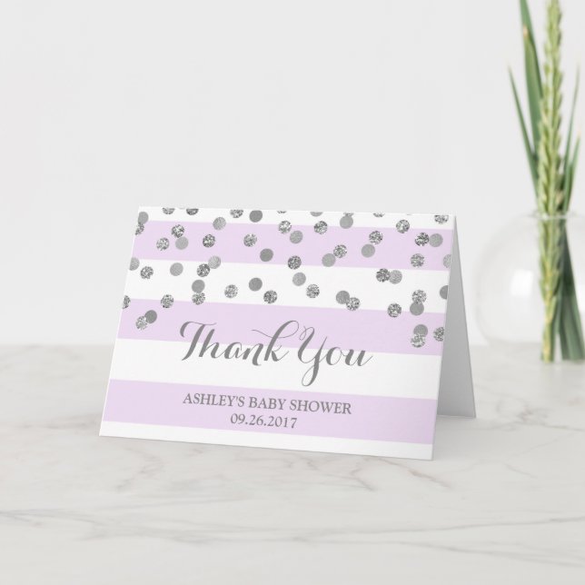 Purple Stripes Silver Confetti Baby Shower Thanks Thank You Card (Front)