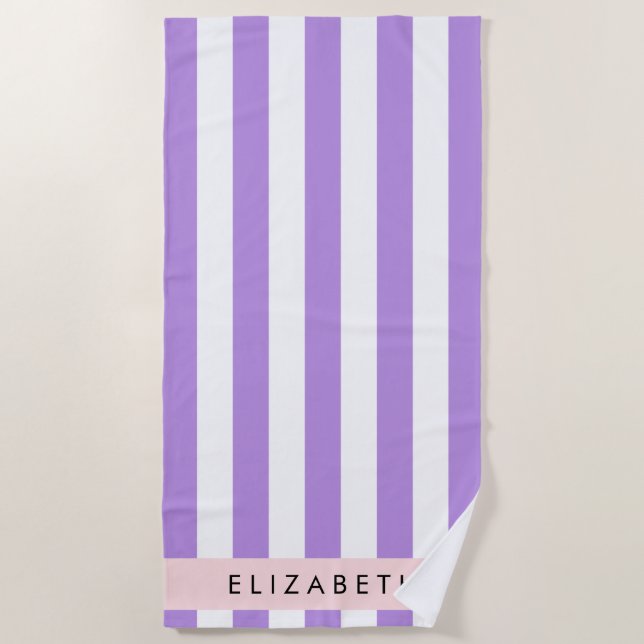 Purple Stripes, Striped Pattern, Lines, Your Name Beach Towel (Front)