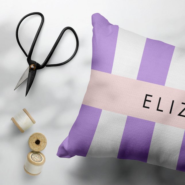Purple Stripes, Striped Pattern, Lines, Your Name Decorative Cushion (Creator Uploaded)