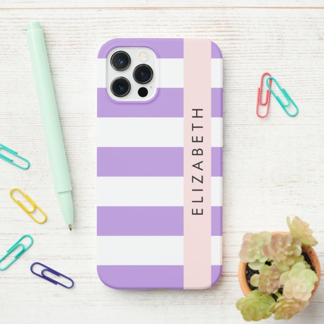 Purple Stripes, Striped Pattern, Lines, Your Name iPhone Case (On Desk)