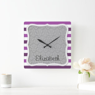 Purple Stripes, Striped Pattern, Lines, Your Name Square Wall Clock