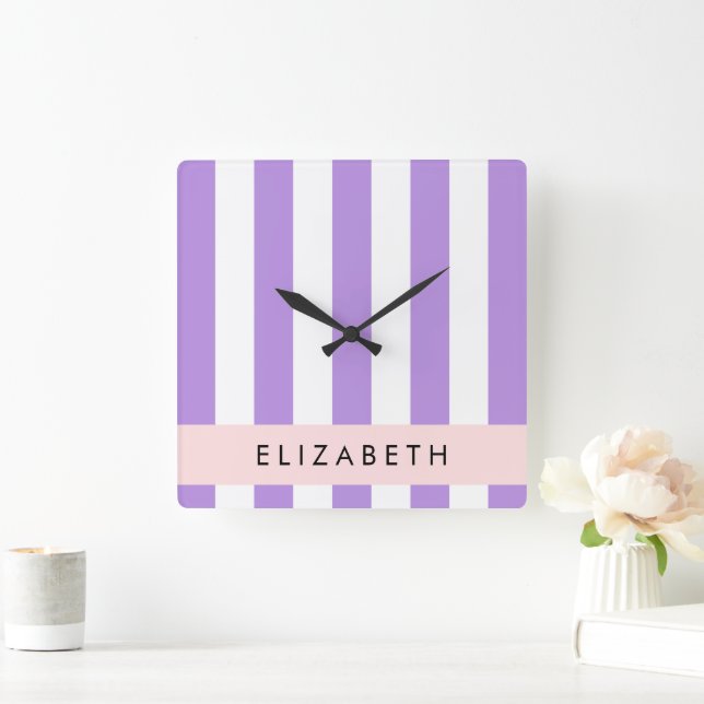 Purple Stripes, Striped Pattern, Lines, Your Name Square Wall Clock (Home)