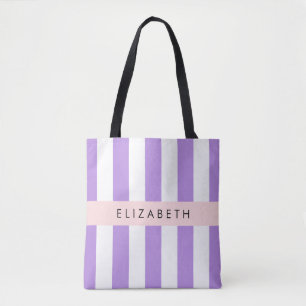 Purple Stripes, Striped Pattern, Lines, Your Name Tote Bag