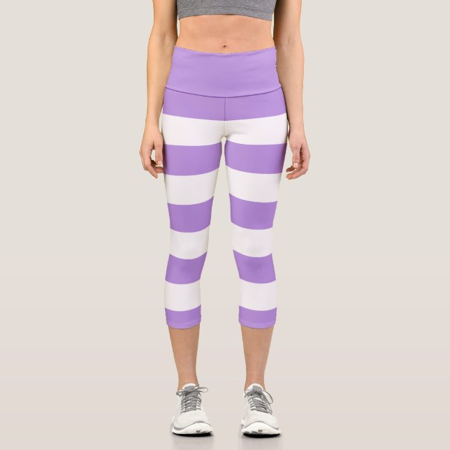Purple Stripes, White Stripes, Striped Pattern Capri Leggings (Front)