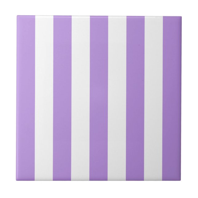 Purple Stripes, White Stripes, Striped Pattern Ceramic Tile (Front)