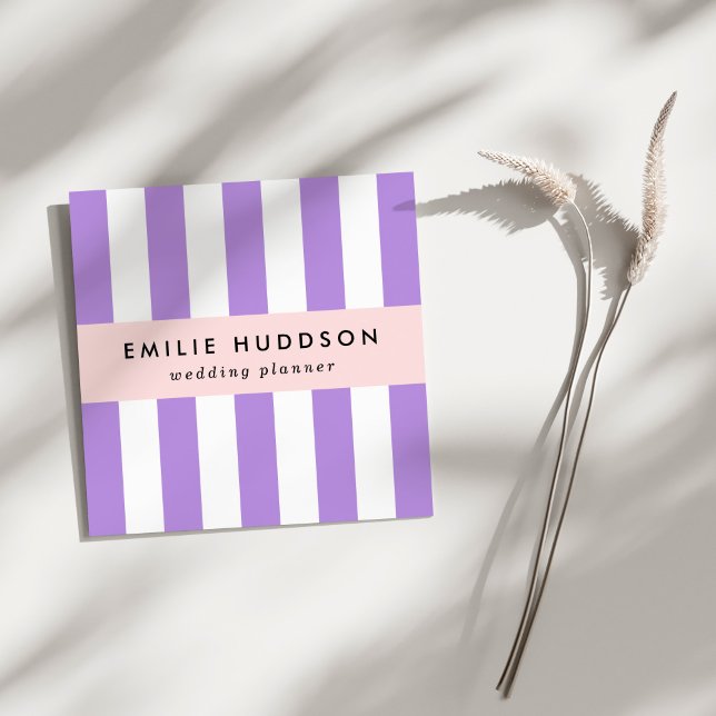 Purple Stripes, White Stripes, Striped Pattern Square Business Card (Creator Uploaded)