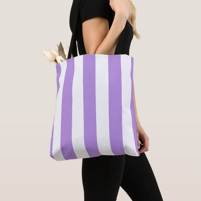 Purple Stripes, White Stripes, Striped Pattern Tote Bag (Close Up)