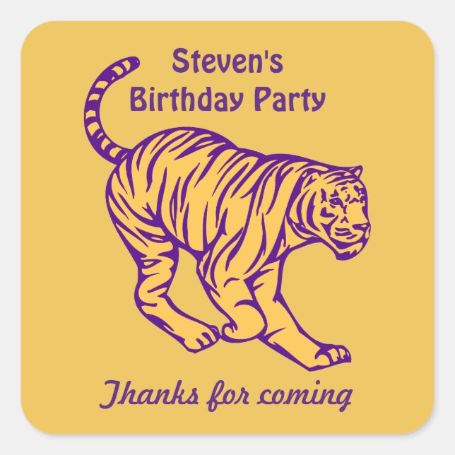 Purple Stripes Wild Cat Tiger Birthday Thank You Square Sticker (Front)