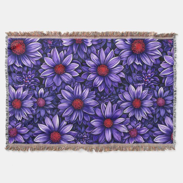 Purple stylised flowers pattern throw blanket (Front)