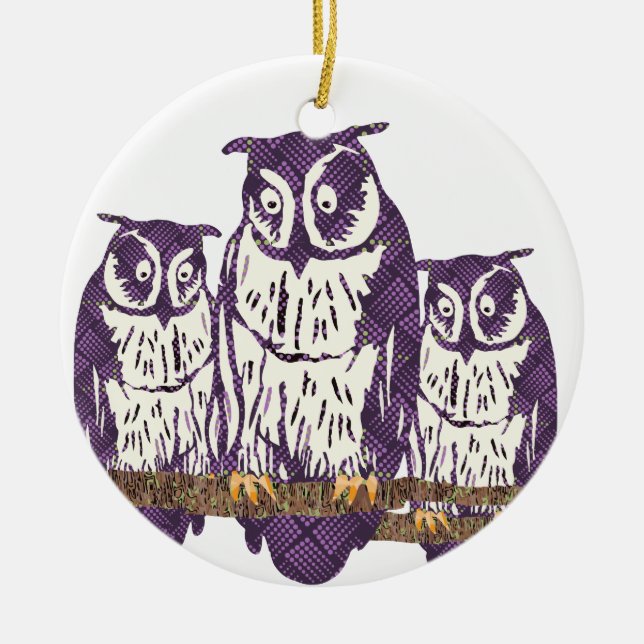 Purple Stylised Geometric Owl Family Ceramic Tree Decoration (Front)