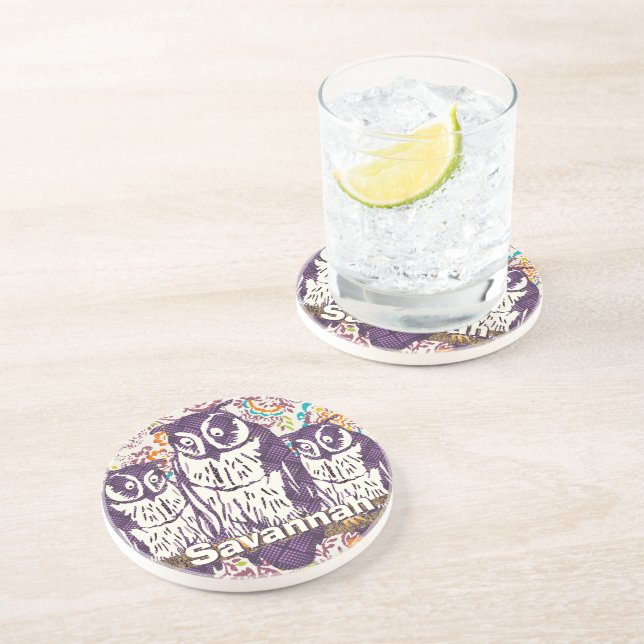 Purple Stylised Geometric Owl Family Coaster (Side)