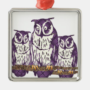 Purple Stylised Geometric Owl Family Metal Ornament
