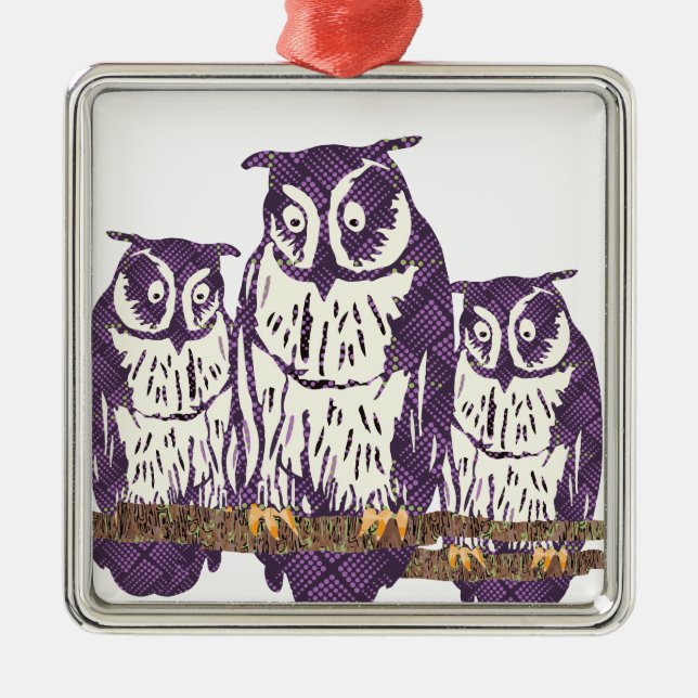 Purple Stylised Geometric Owl Family Metal Ornament (Front)