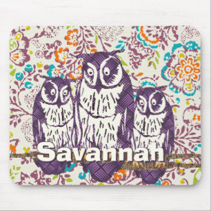 Purple Stylised Geometric Owl Family Mouse Pad