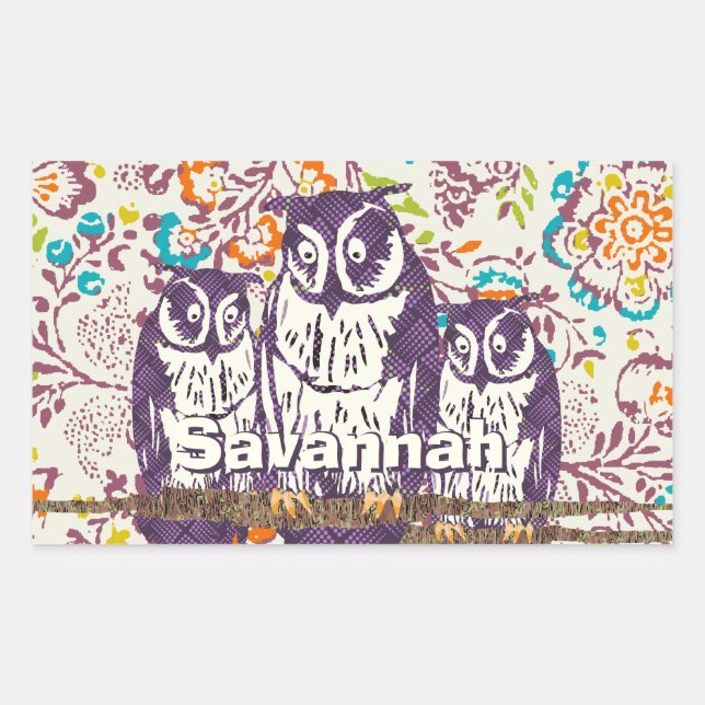 Purple Stylised Geometric Owl Family Rectangular Sticker (Front)
