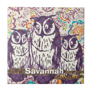 Purple Stylised Geometric Owl Family Tile