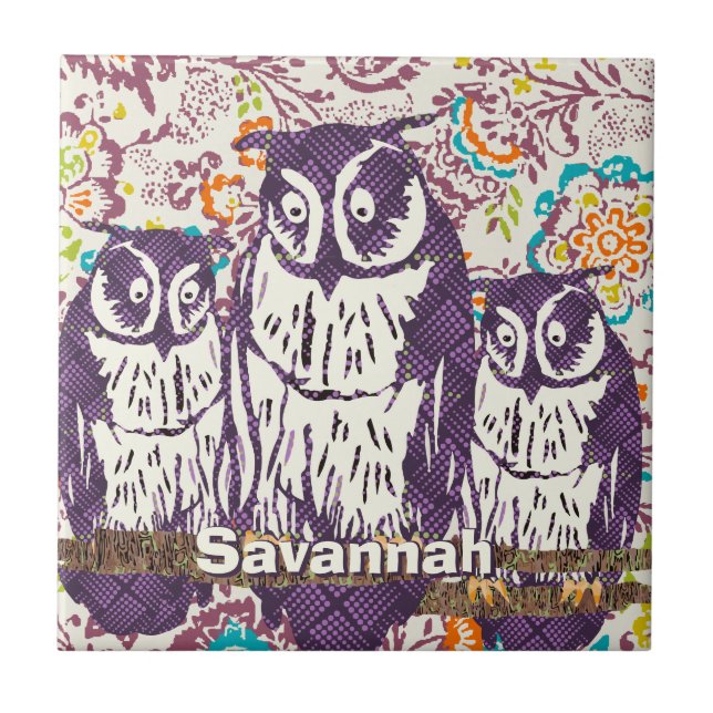 Purple Stylised Geometric Owl Family Tile (Front)